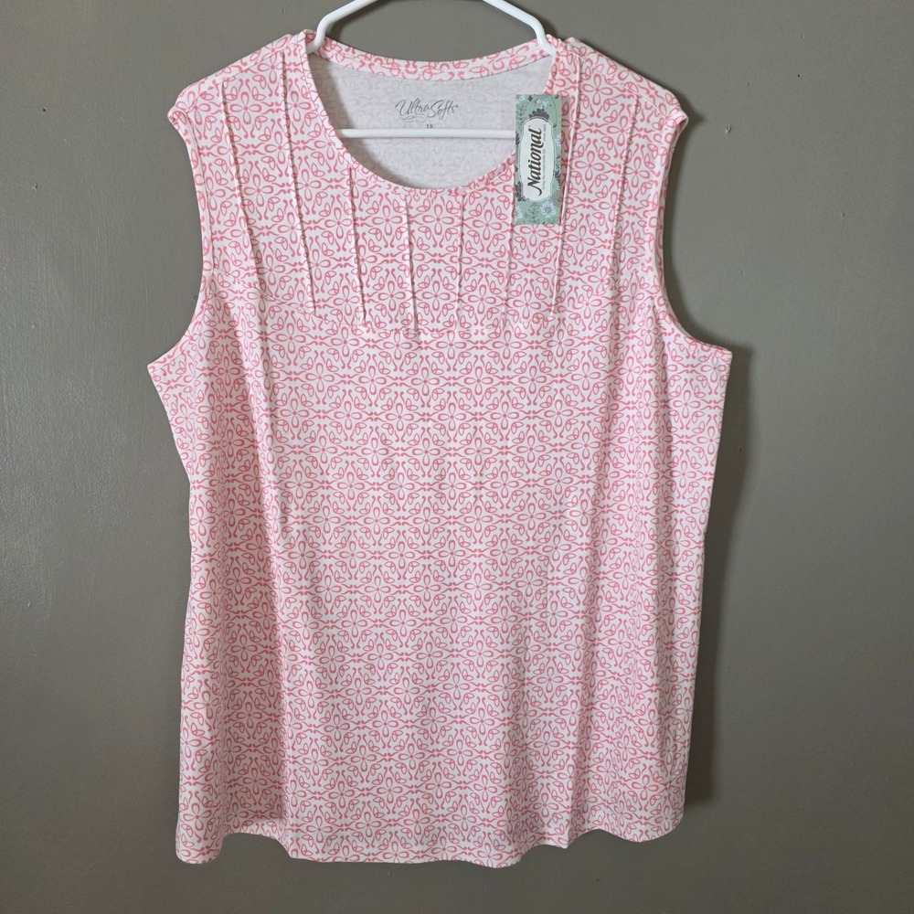 National Womens Pink Floral Tank Top Size 1X Pintuck Sleeveless Summer Beach